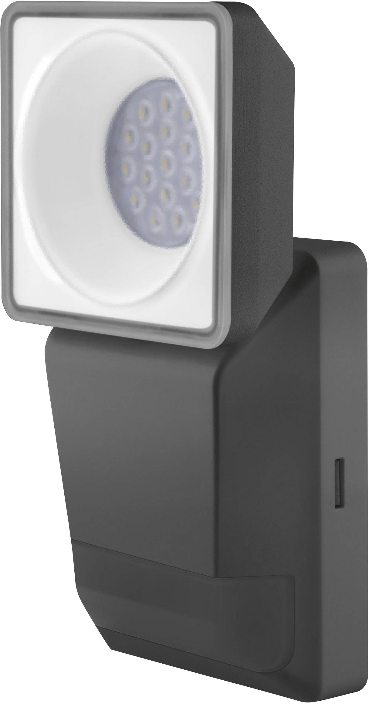 A black, modern LED wall light with a rectangular housing and a square luminaire head with multiple light-emitting diodes.