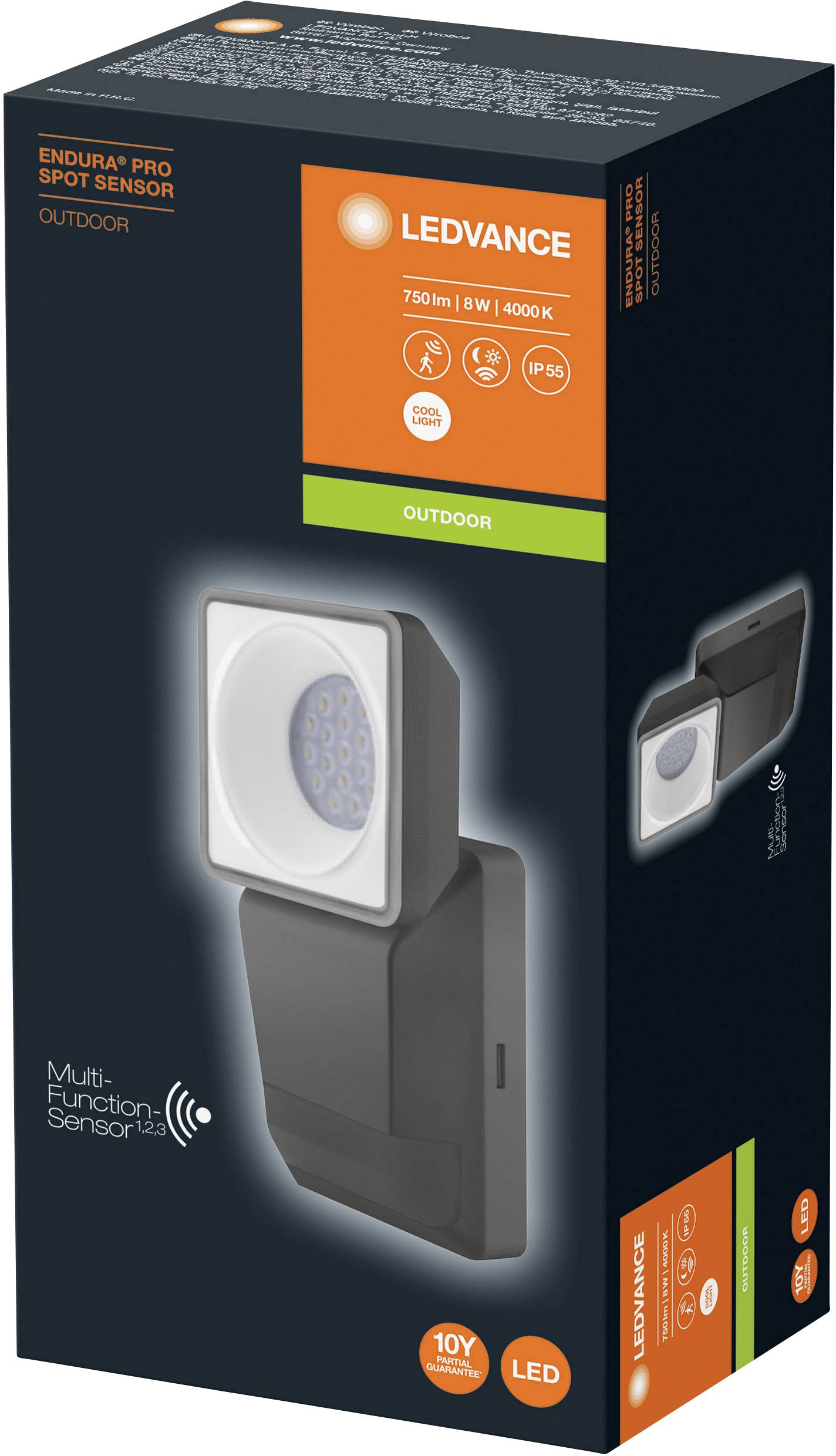 Packaging of an LED outdoor light with motion sensor, 750 lumens, 6W, 4000K. Marked as weatherproof, with 10-year guarantee.
