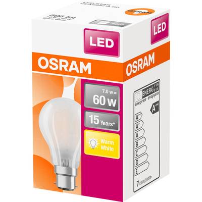 Packaging of an OSRAM LED light bulb, showing Energy Efficiency Class A++, 7.0 W power, equivalent to 60 W, Warm White, 15-year lifespan.