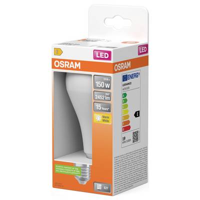 OSRAM LED light bulb box, labeled 150 W equivalent, 2452 lm, 15 years, warm white, energy rating E.<br>