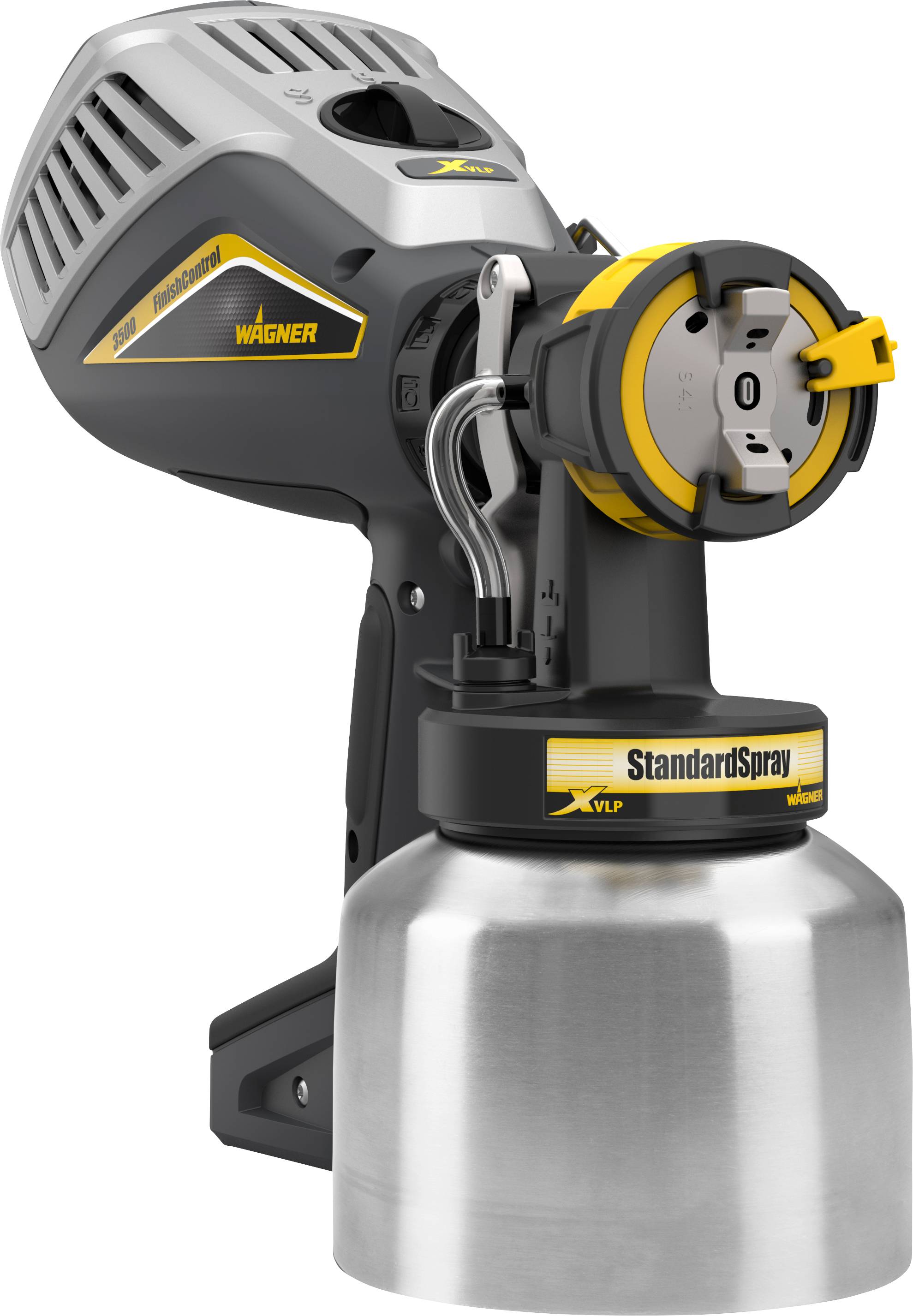 Paint sprayer with a metal container, suitable for uniform coating. Model designation and brand name on the device.