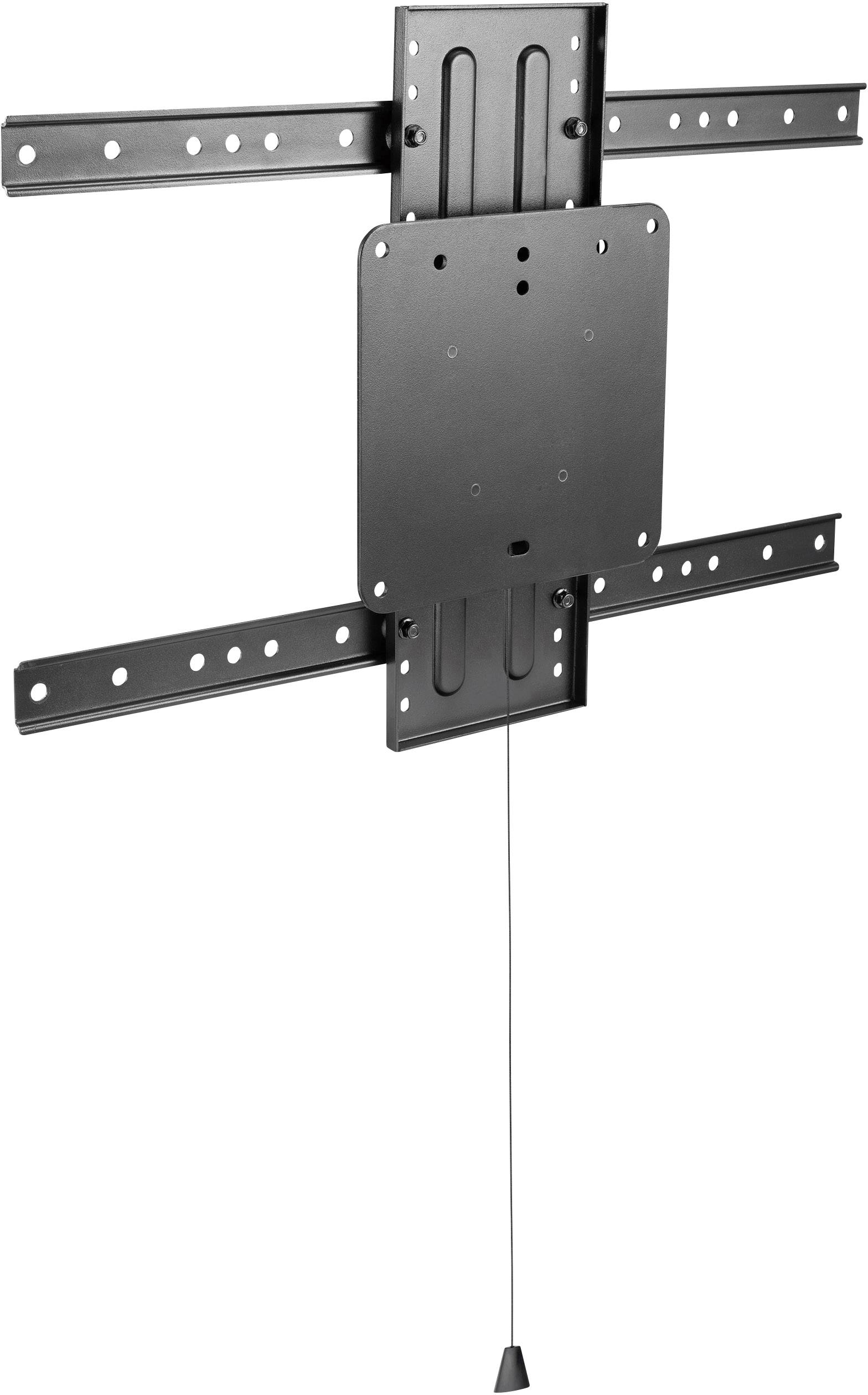 Black metal TV wall mount with a rectangular central section, horizontal rails with holes, and a vertical tensioning cable for adjustment.