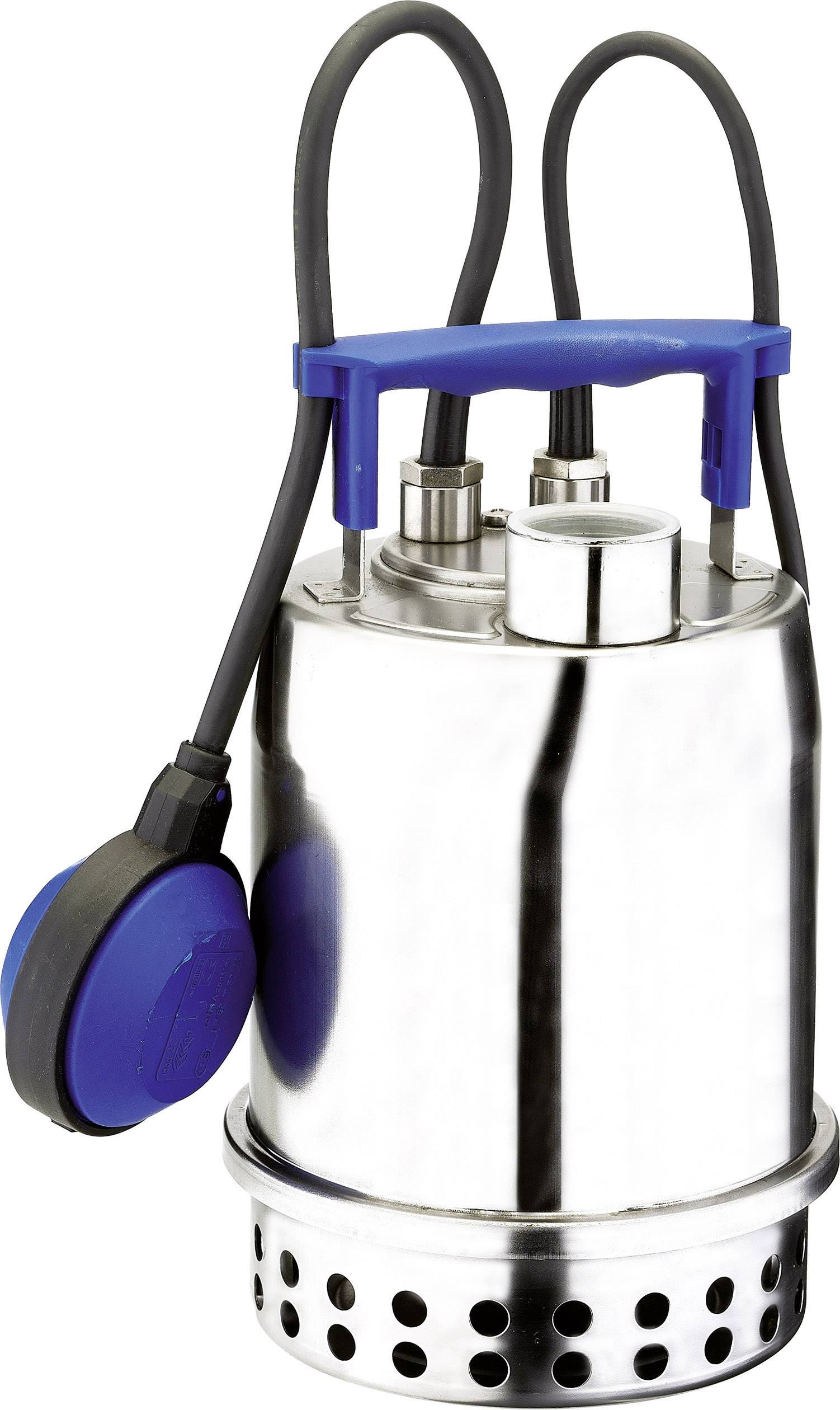 Silver submersible pump with blue handle and cable, suitable for water transfer.