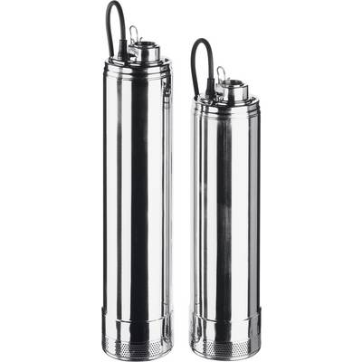 Two silver cylindrical water pumps side by side, each with a cable connection on top. The one on the left is slightly larger than the one on the right.