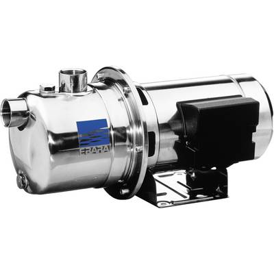 Metallic water pump with a shiny surface and a brand logo on the side. It has multiple connections and sits on a base.