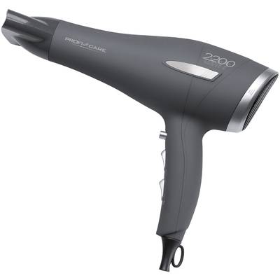 Black hair dryer with 2200 watts by Profi Care. The device has a narrow air outlet and an ergonomic handle design.
