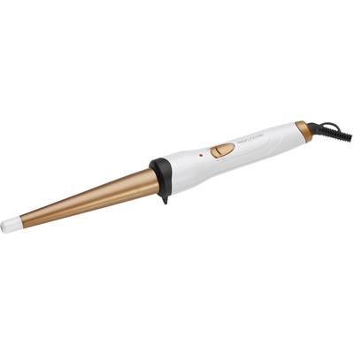 Curling wand with a tapered shape, white handle and bronze-coloured heating element. Equipped with an on/off switch and red indicator light.
