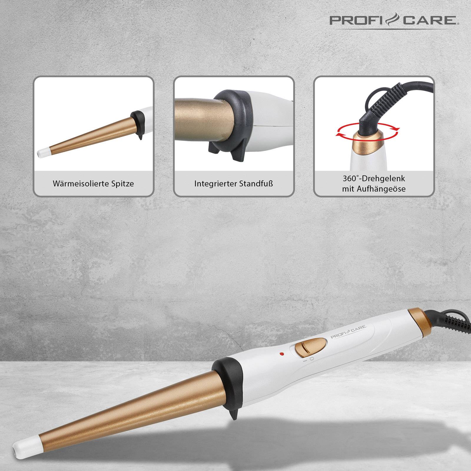A curling wand with heat-insulated tip, integrated stand, and 360-degree swivel joint, rests on a grey surface.