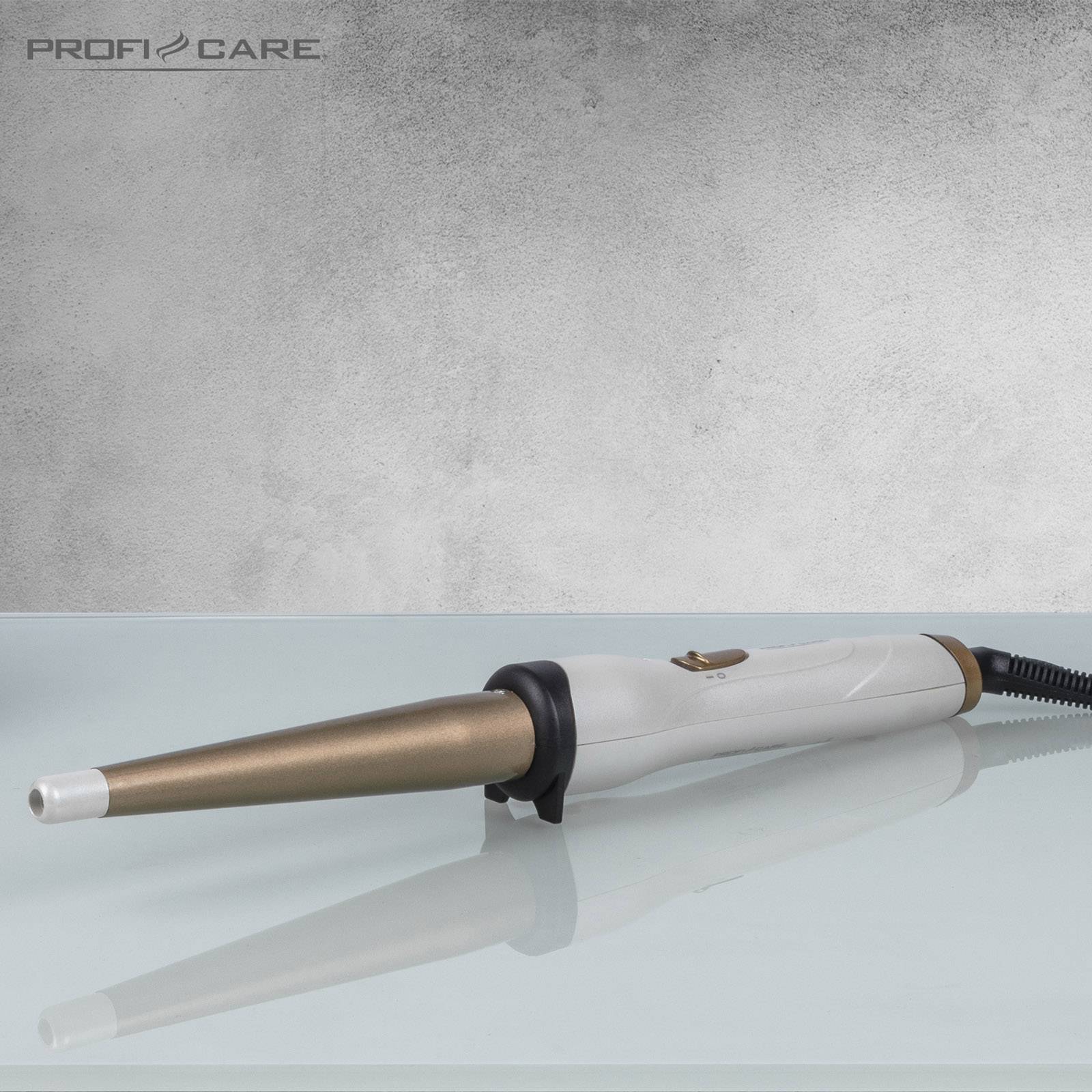 Rose gold curling wand on a reflective light blue background, suitable for styling hair.