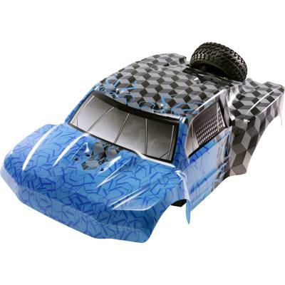 A model car with a blue-black geometric pattern on the bodywork and a spare wheel on the roof.
