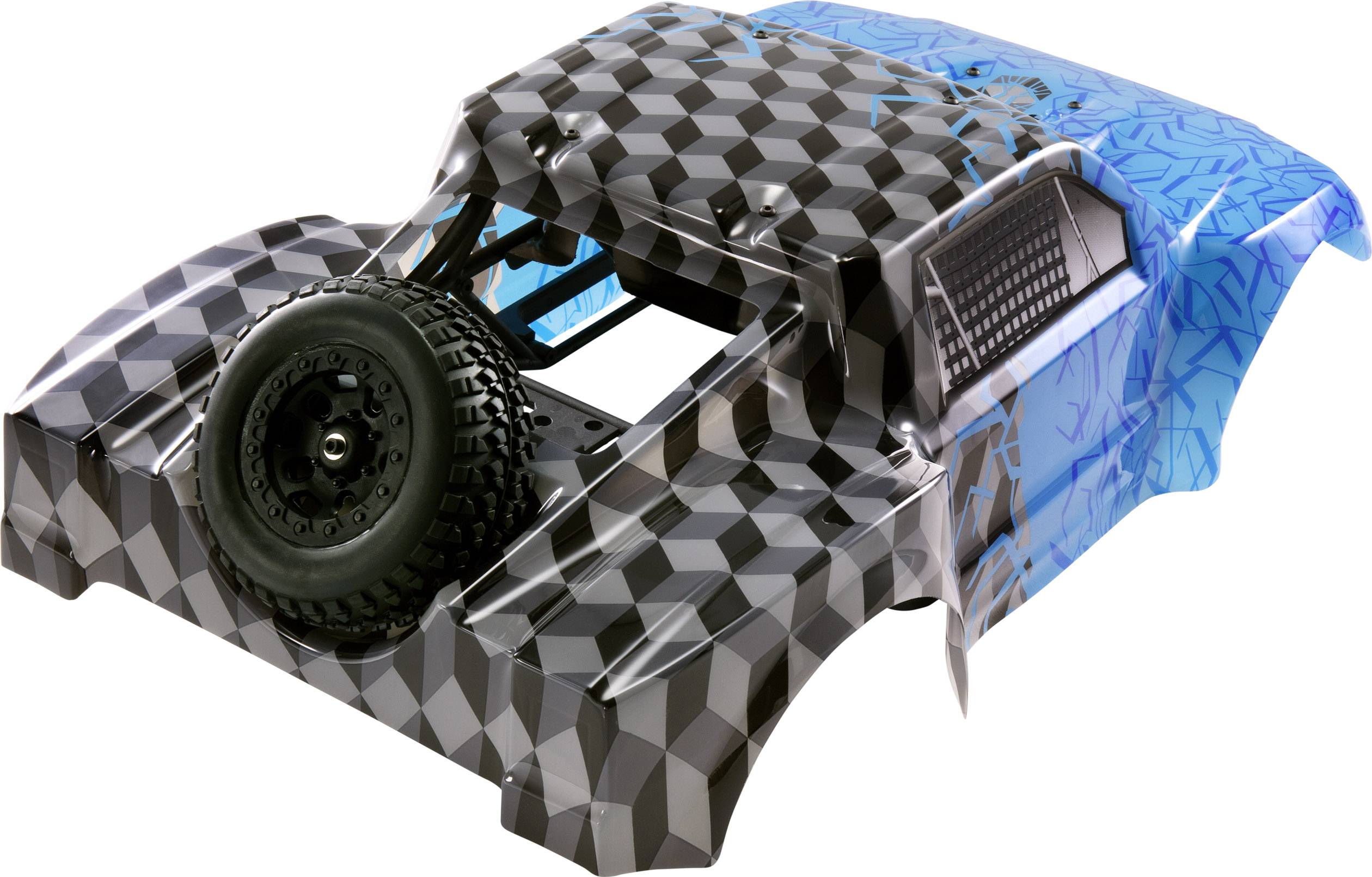 Body of a remote-controlled car, black and blue patterned, with a spare wheel in the rear area.