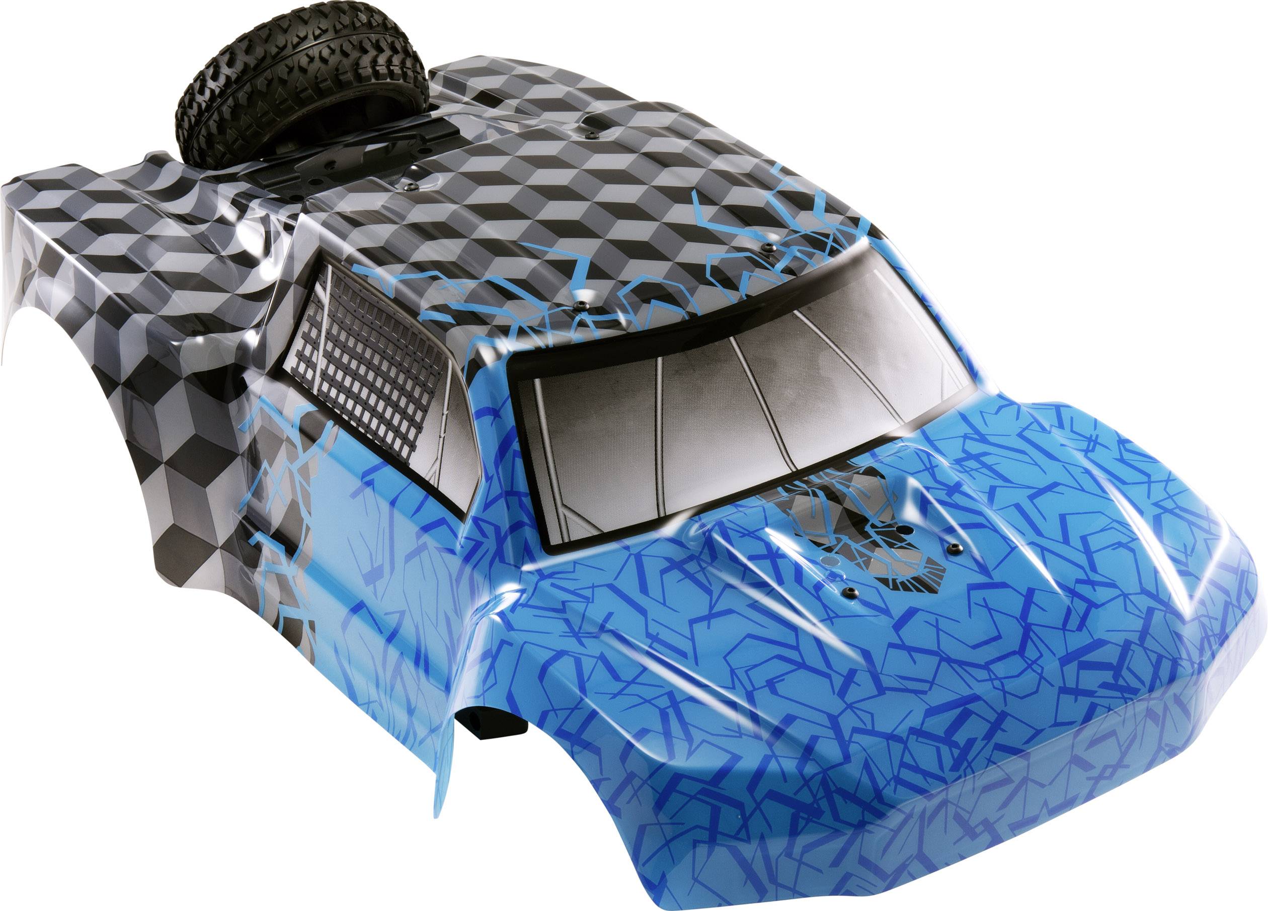 A navy and blue remote-controlled car with geometric patterns and a mounted spare tyre.