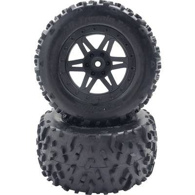 Two stacked, black terrain tyres with aggressive tread and six-spoke rims, suitable for RC vehicles in off-road use.