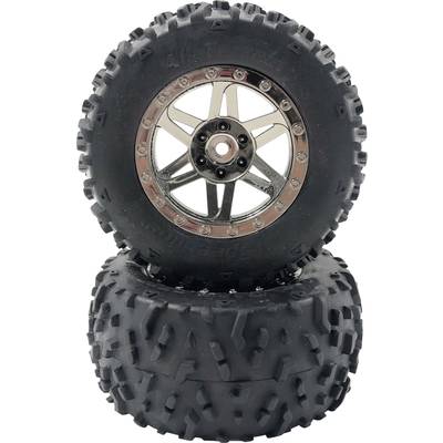 Two stacked, roughly profiled black tyres with six-spoke rims are layered on top of each other.