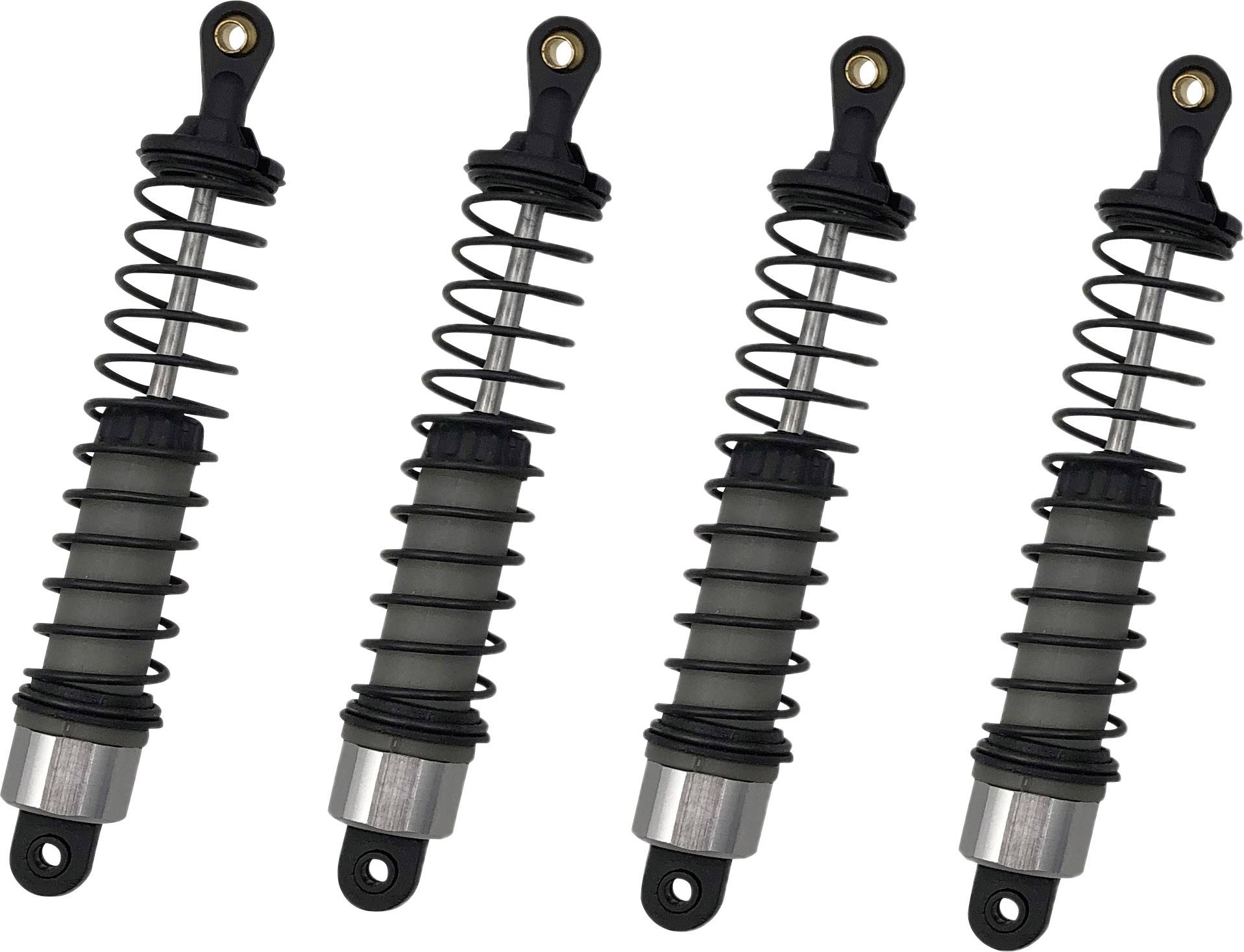 Four black shock absorbers with metal spiral springs. They are evenly arranged in a row, each with a black and silver base.
