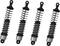 Four black shock absorbers with metal spiral springs. They are evenly arranged in a row, each with a black and silver base.