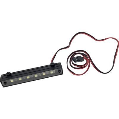 Black LED strip with six LEDs and red cables. Suitable for electronic applications or lighting in model making.