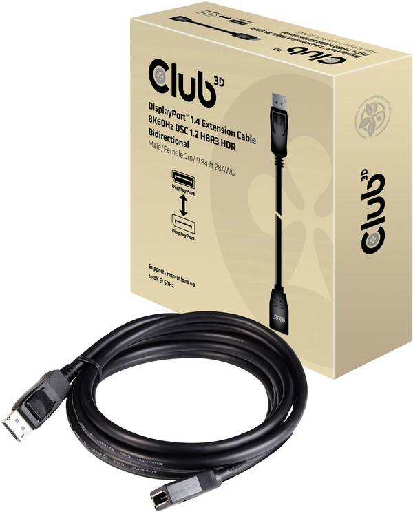club3D DisplayPort Cable extension DisplayPort plug, DisplayPort socket 3.00 m Black CAC-1023 DisplayPort cable