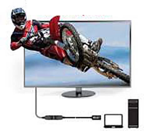 A motorcyclist jumps through the air, partially protruding from a TV screen. Below, cables and a small adaptor are visible.
