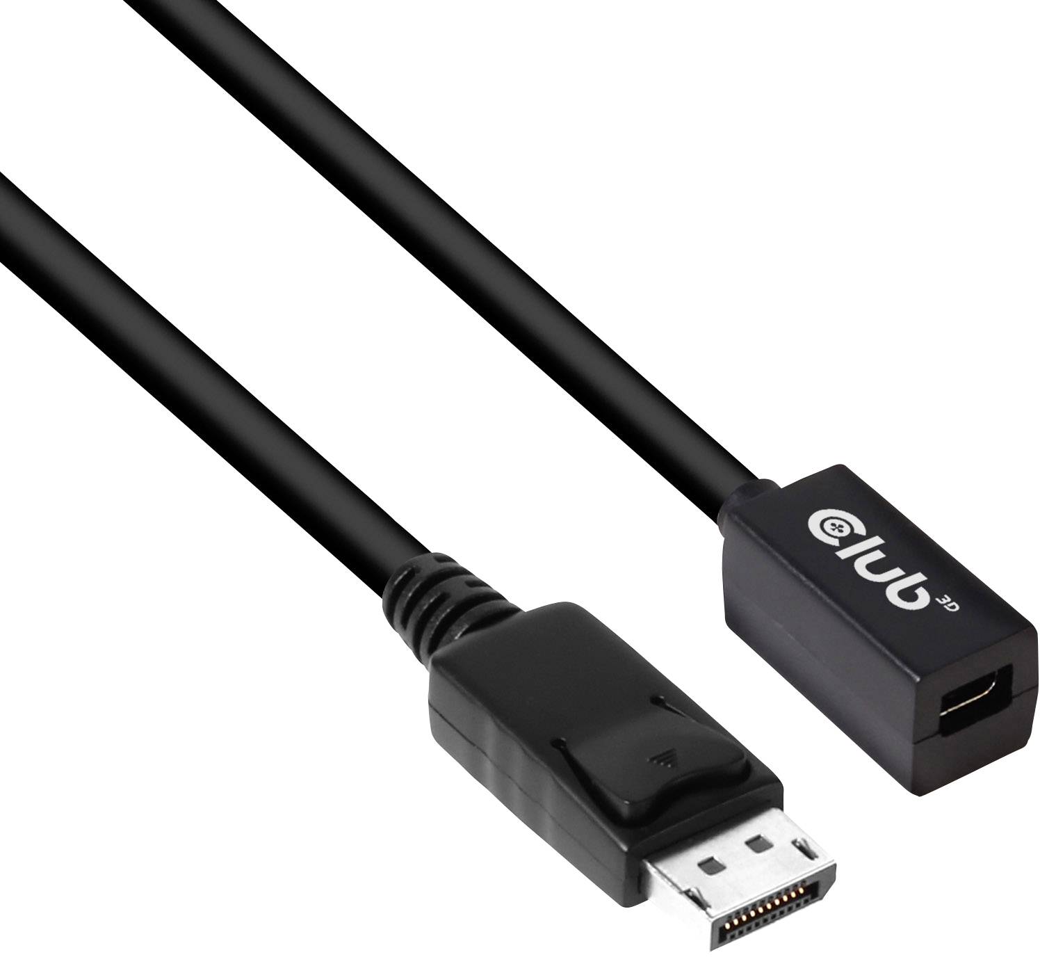 A black cable with a DisplayPort plug and a USB-C connector. Suitable for connecting different devices.