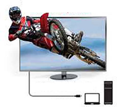 A motorcyclist is jumping with a motorcycle in mid-air on a screen. The screen is connected to a small device.