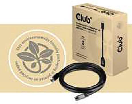 A black HDMI cable lies next to its packaging, which says 'Club'. A logo with two leaves and a circle is visible.