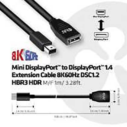 'Mini DisplayPort' to 'DisplayPort' 1.4 Extension Cable, 8K60Hz. Length: 1m. Supports DSC1.2 HBR3 HDR.