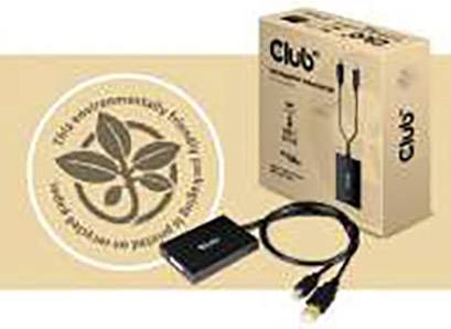 A packaging with an electronic adapter and cables, next to a seal with an environmental logo and the text 'TCO environmental'.