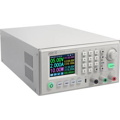 A digital laboratory power supply with a display that shows various voltage and current values in different colours. Fine-tuning buttons are available.