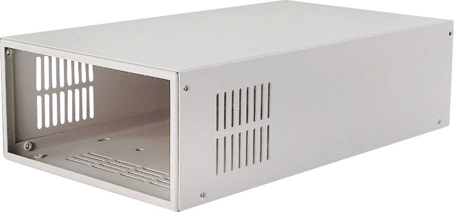 Rectangular metal enclosure with ventilation slots, suitable for housing electronic components or devices.