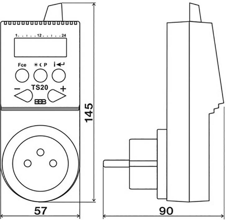 Illustration of a digital timer plug from front and side view. Measurements: Height 145 mm, Width 57 mm, Depth 90 mm.