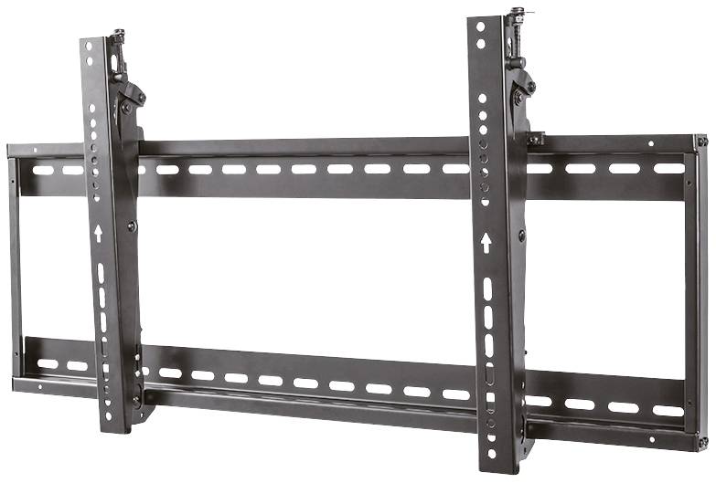 Black, wall-mounted metal TV bracket with adjustable arms. Suitable for large flat screens.