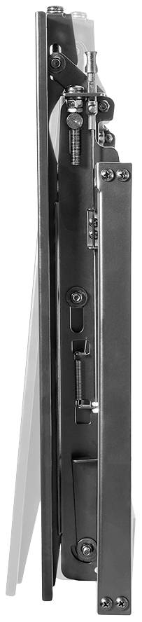 Side view of a complex metal mechanism with screws and joints, potentially part of a folding system.