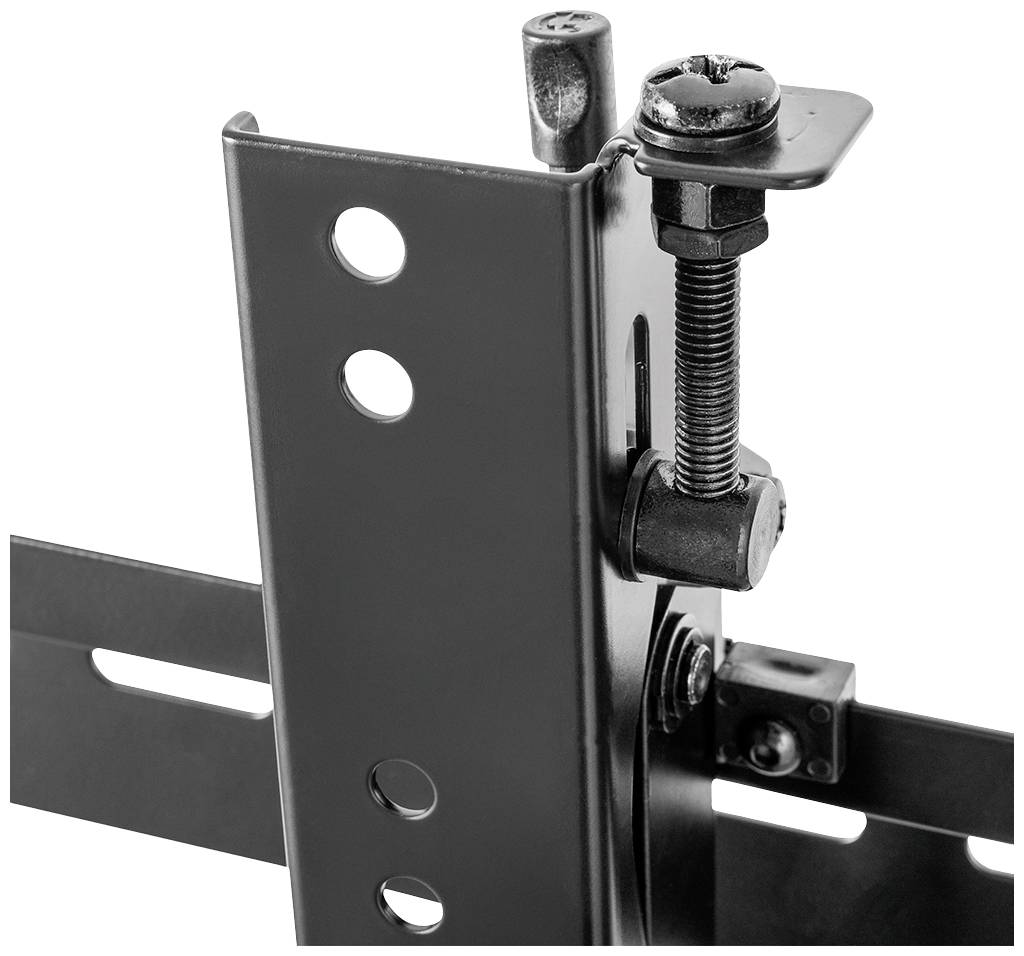 Metal angle bracket with screw clamp and bolt. Used for fixing or assembling structures.