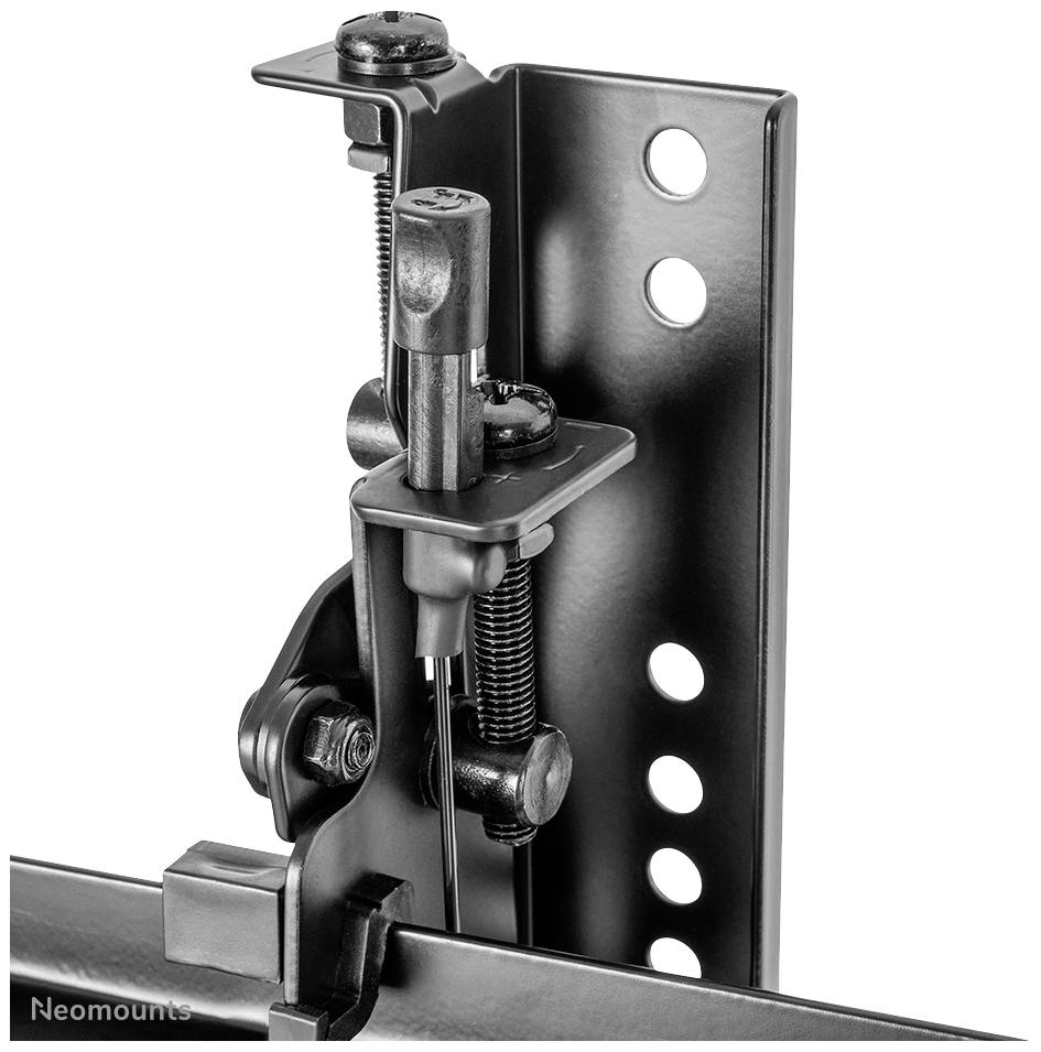 A sturdy metal mounting bracket with multiple screws and bolts, with visible perforations for mounting adjustment. 'Neomounts' is written in the bottom left corner.