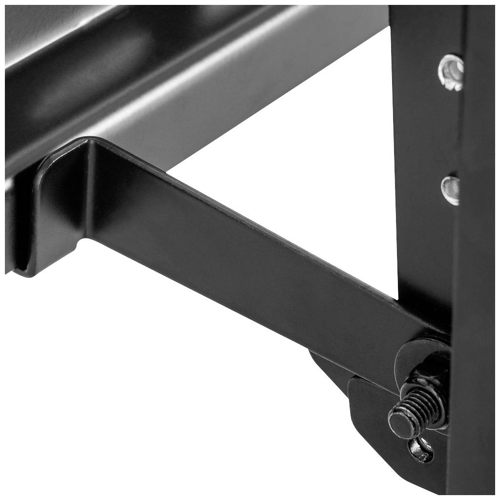 Black metal angle bracket fixed to a vertical surface with screws; part of a structural frame or mount.