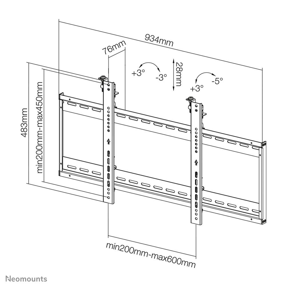 'Neomounts Wall Mount': Technical Drawing with Dimensions: Width 934 mm, Height 483 mm, Tilt Range from +3° to -5°. Minimum Width 200 mm, Maximum 600 mm.