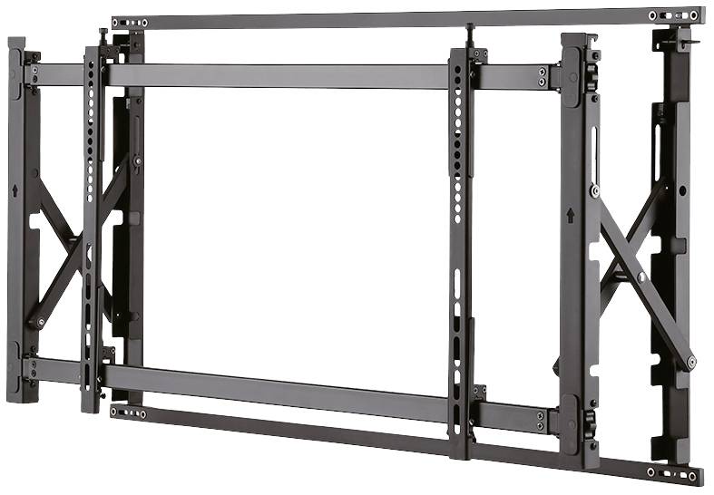 A black, adjustable wall mounting bracket for flat screens, showing various mounting options and attachment points.