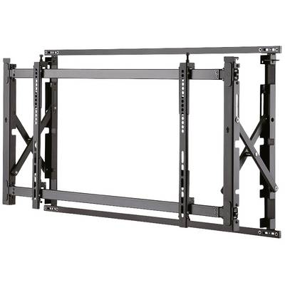 A black, adjustable wall mounting bracket for flat screens, showing various mounting options and attachment points.