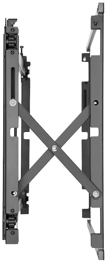 A black monitor or TV wall mount with an extendable rail. Side view, showing the technical structure.