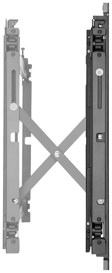 Cabinet hinge with side mountings and hinge mechanisms, showing metallic mechanism from the side.