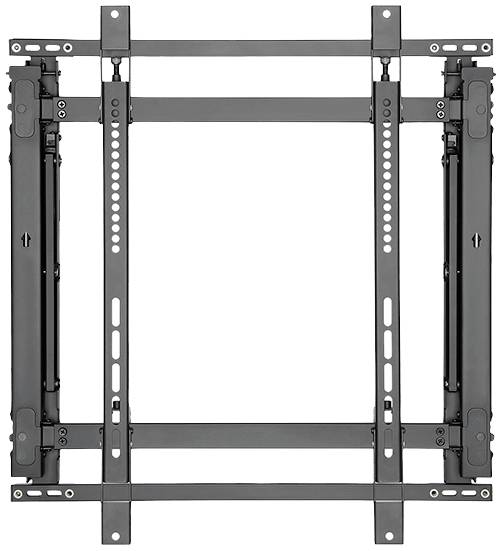 Black, rectangular TV mounting bracket with adjustable arms and wall-mounting holes for flexible TV installation.