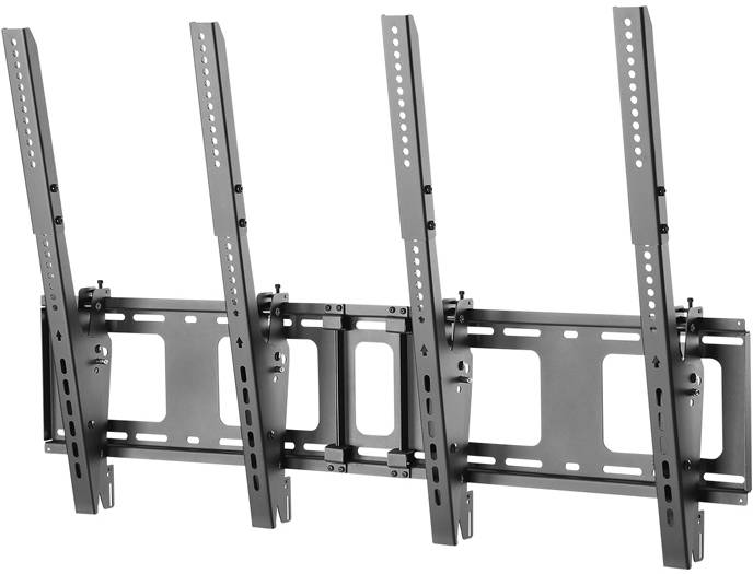 An adjustable, multi-part metal bracket for wall-mounting flat-screen televisions, comprising rails and mounting fixtures.