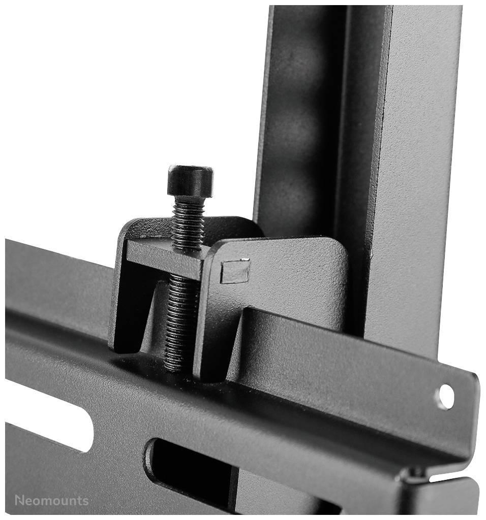 Close-up of a black metal bracket with a screw mechanism, likely used for mounting devices or structures.