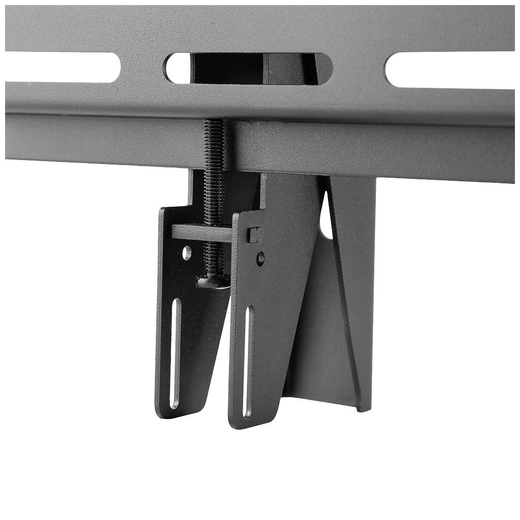 Close-up of a robust metal bracket, secured with screws and rails, used for mounting heavy objects on walls.