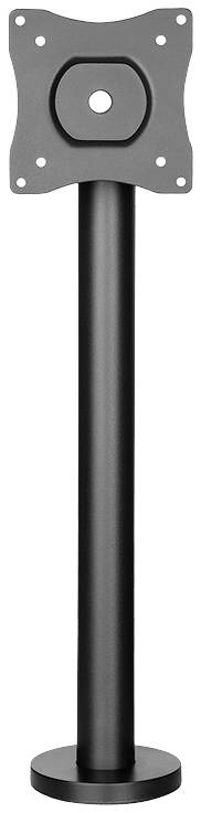 A black monitor stand with a round base and rectangular mount, suitable for mounting screens.