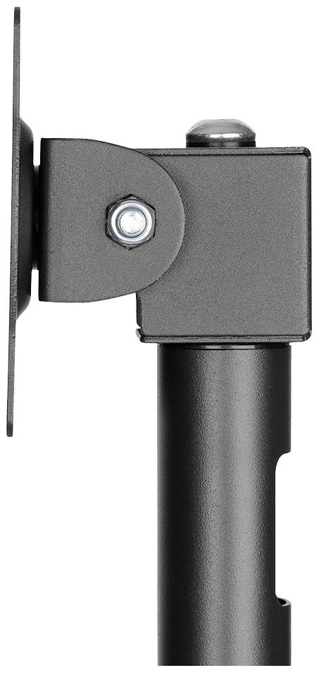 Close-up of a black metal hinge with a visible screw. The hinge is attached to a cylindrical metal rod.