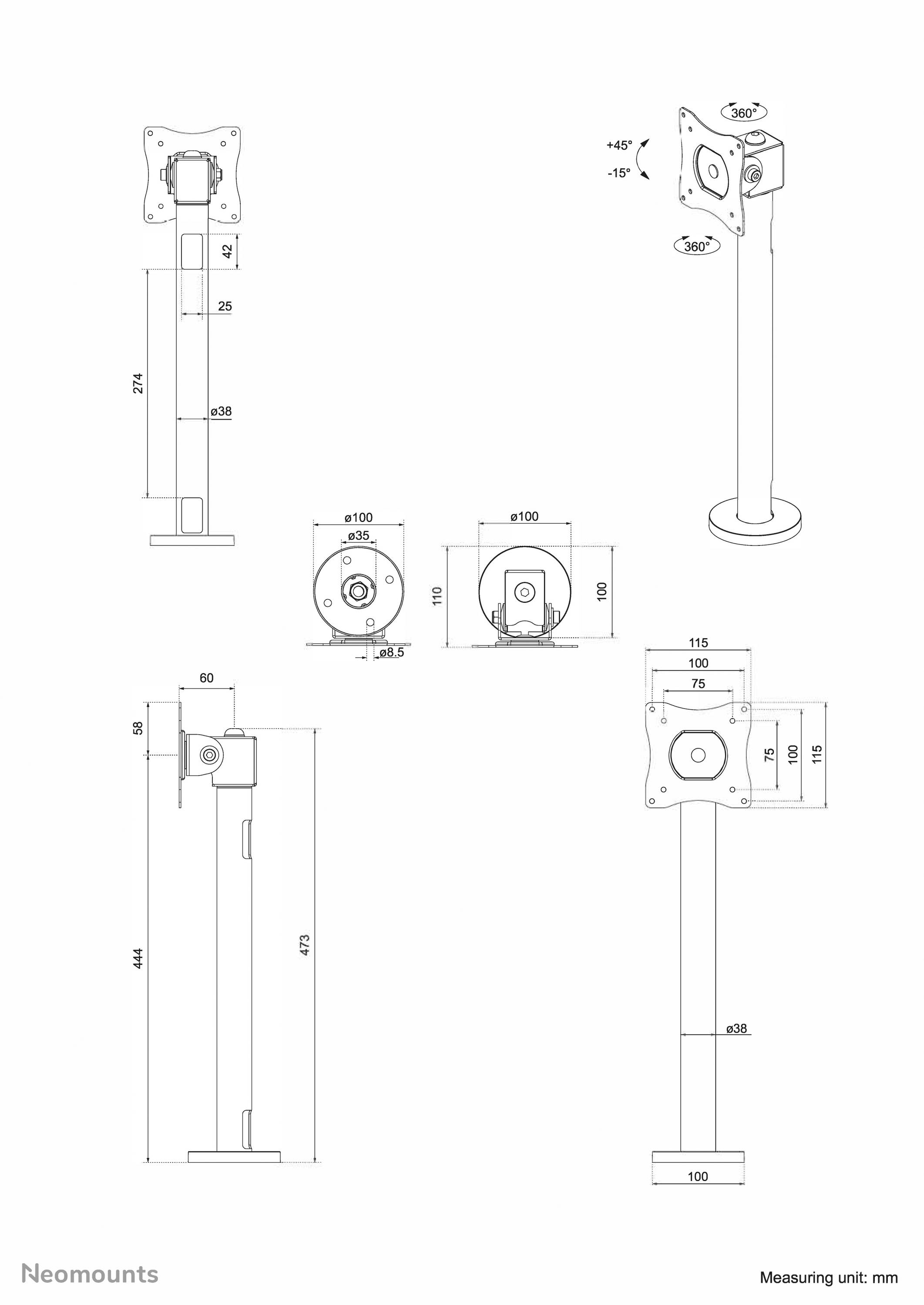 Technical drawing of a monitor mount: front, rear, and side views. Dimensions and pivot angles are specified.