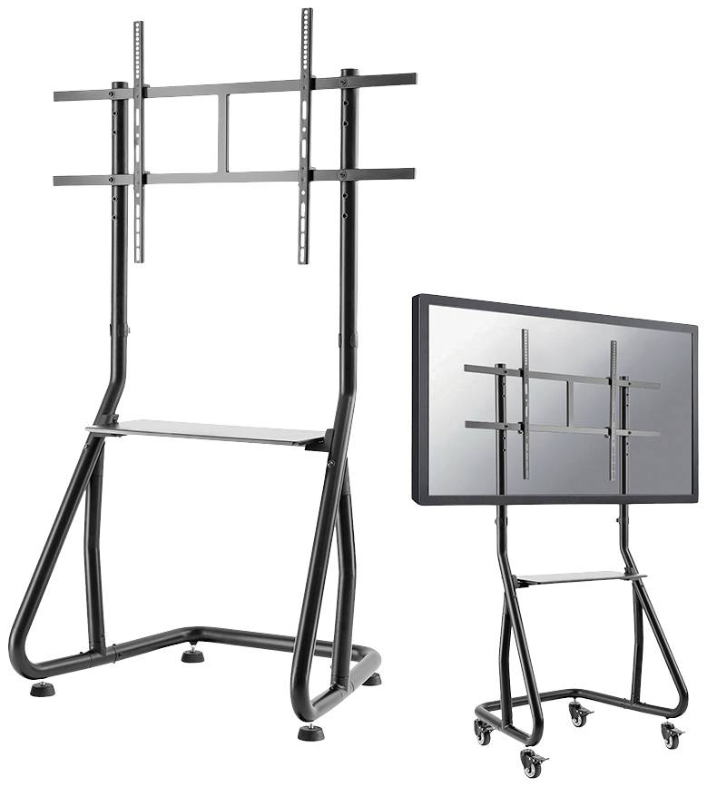 A mobile, height-adjustable stand for a screen or monitor. On the left, the stand is empty, on the right with a screen mounted.