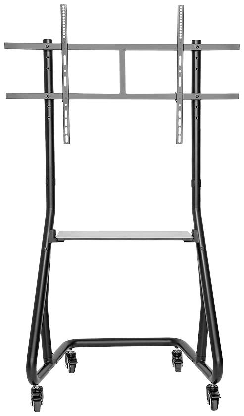 A black mobile TV stand with four wheels and an adjustable mounting bracket for flat screens; suitable for presentations.